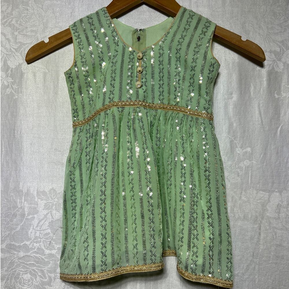Vintage Toddler Dress 12 Mos Mint Green Silver Sequins Gold Trim Buttons Zip Tie